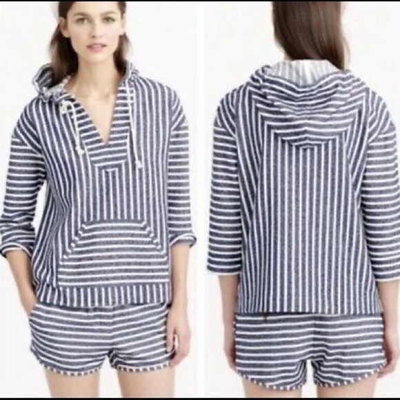 J. Crew Blue / Cream Striped Nautical Coastal Popover Beach Hoodie - Picture 3 of 16